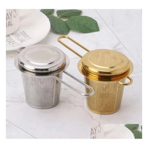 Herramientas de té de café Ups Herramienta de malla reutilizable Infusor Colador de acero inoxidable Tetera de hojas sueltas Filtro de especias con tapa Tazas Cocina Acce Dh6Mk