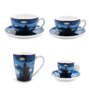 Coffeeware 90/220/300/400ML Latte Cappuccino Espresso Mokken Koffiemokken Set met Lepel Schotel Melkkop Mok Van Gogh Olieverfschilderij Stijl Kopjes