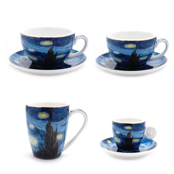 Tasses à expresso Latte Cappuccino 90/220/300/400ML, ensemble de tasses à café avec cuillère, soucoupe, tasse à lait, tasse de Style peinture à l'huile Van Gogh