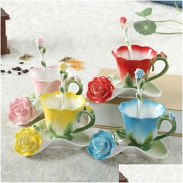 Sets CoffeWare Fashion Creative Fashion 3d Rose Flower Ceramel Ceramic Café Copa de té y cuchara de platillo Agua de porcelana Día de San Valentín Dhru8