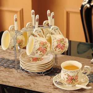 Koffiewarensets Europese koffiekopjesset Luxe keramische Engelse afternoon tea bloemenpot met lepel gouden plank