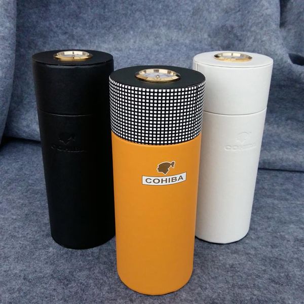 COHIBA étui à cigares en cuir tube doublé en bois de cèdre Mini boîte d'humidificateur de voyage avec long humidificateur hygromètre CJ191128210o