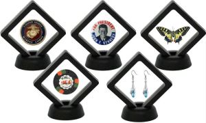 Médailles de pièces de monnaie timbre affichage clair 3D bijoux cadre flottant ombre avec un support de support anneaux pendentif présentation boîtes de cas