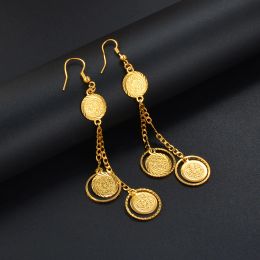 Pendientes colgantes de oro amarillo de 14 quilates con signo de moneda, monedas antiguas, joyería musulmana para mujeres, Oriente Medio islámico