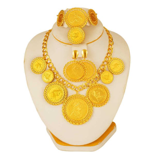 Collar de monedas / Pendiente / Anillo / Pulsera Conjuntos de joyas para mujeres Monedas de color dorado Árabe / Africano Nupcial Turquía Regalos de boda 210720