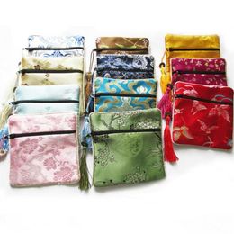 Porte-monnaie 10 pièces LOT mélange de couleurs petite fleur gland sacs en soie pochettes à fermeture éclair chinoise Whole258D