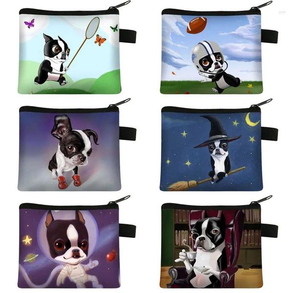 Coin Postoirs mignon Boston terrier imprime motif de portefeuille de dessin animé keychain zipper pochette femme à lèvres sac à lèvres