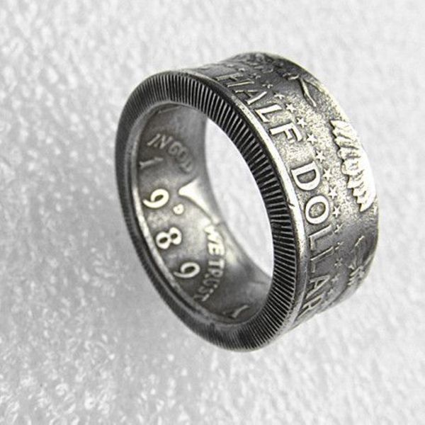 Bague à pièces de monnaie artisanale, Vintage, faite à la main à partir de Kennedy, demi-dollar, plaqué argent, taille américaine 8-16 #279O