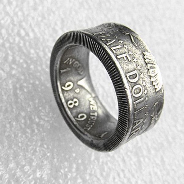 Bague à pièces artisanales, Vintage, faite à la main à partir de Kennedy, demi-dollar, plaqué argent, taille américaine 8-16 #304s