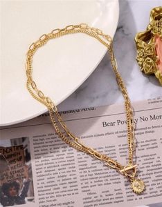 Munt Vintage Gesneden Goud Kleur voor Vrouwen Medaille Hanger Ketting Dubbellaags Choker Mode-sieraden Accessoires FJSC220B1004622