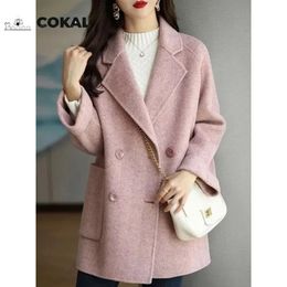 COKAL Korea Slim Office Dames Winter faux wol Roze lange jas Mode doublebreasted jas dik en warm 240110