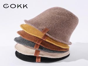 Cokk emmer hoed vrouwen wol gebreide vaste kleur vissershoeden voor vrouwen warme winter hoed cap lederen label vintage Koreaanse gorros 224790423