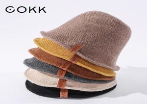 Cokk emmer hoed vrouwen wol gebreide vaste kleur vissershoeden voor vrouwen warme winter hoed cap lederen label vintage Korean Gorros 229640540