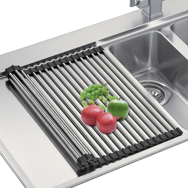 Coladores Coladores Fregadero plegable Rejilla de drenaje 304 Acero inoxidable Antideslizante Filtro de agua de silicona Persiana enrollable Cocina Control de agua WH0250