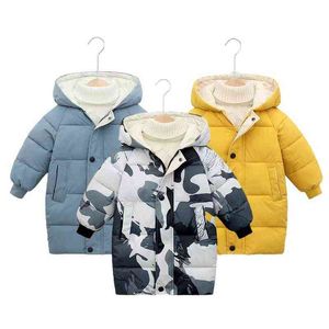 Cold Protection Boys Winter Dikke Warm Style Long Style Down Jacket Camouflage Haped Hooded Outerwear For Kids Children Wind Breakher Jacket J220718