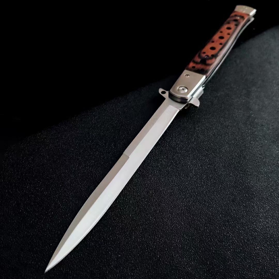 Kallstål 13 '' Plus-26s Ti Li Te XL 6 Folding Kniv Mafia Stiletto Sword Satin Vanligt blad Rött Trähandtag Utomhus Camping Tactical Knives