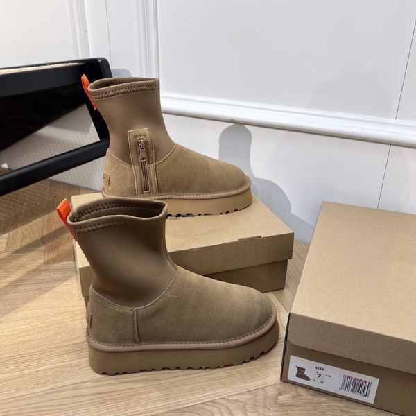 Botas amarillas con punta redonda a la moda para mujer de invierno frío, botas de calcetín elásticas con cremallera lateral delgada para mujer, botas cómodas para la nieve con parte inferior gruesa, talla 35-40