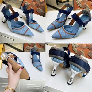 Colibri Zapatos destalonados de tacón alto con lengüeta acolchada de tacón alto de diseñador bordado agregan un toque deportivo Sandalias de lona de mezclilla a la moda Sandalias de punta