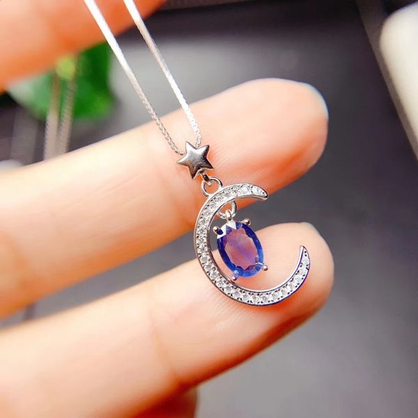 CoLife Jewelry-colgante de plata 925 con forma de luna y estrella, collar de zafiro azul Natural de 5x7mm, colgante de estilo árabe a la moda 240123