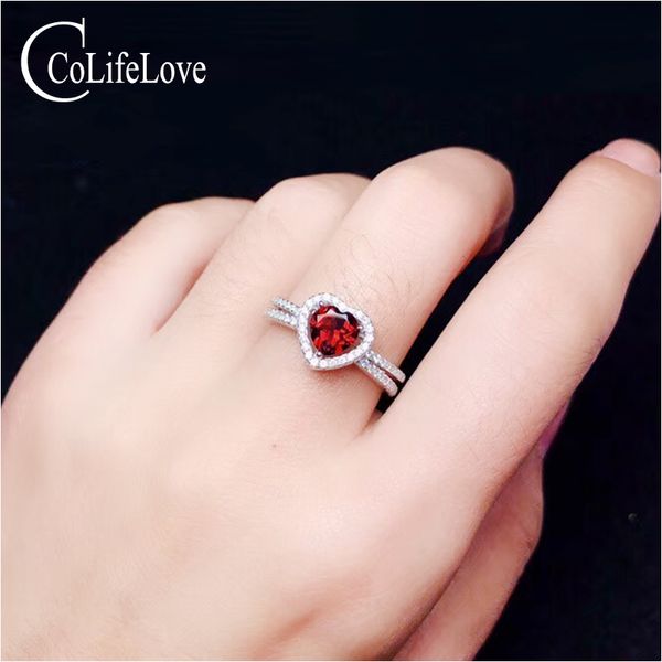 CoLife Jewelry 925 anillo de corazón de plata esterlina con granate 6 mm corte de corazón anillo de plata granate natural anillo de compromiso romántico