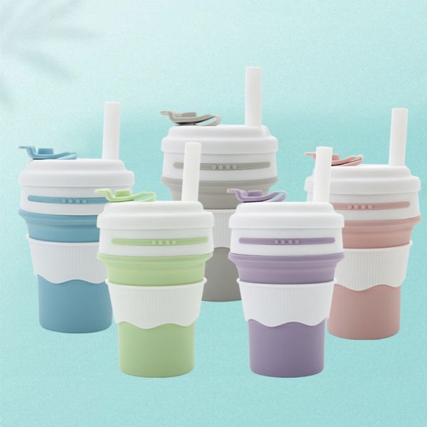 Tasses pliantes en silicone pliantes 350 ml de gobelets de paille créatifs tasses de fuite de fuite de café voyage à l'extérieur
