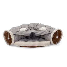 Cama de túnel de gatos plegable para gatos interiores, túnel de piel de gato lavable con juguetes colgantes y colchoneta, gris