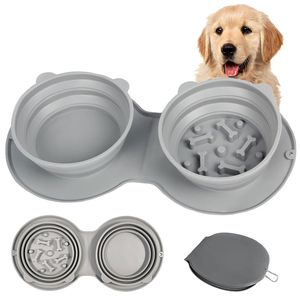 Gamelles pliables pour chien, gamelle portable en silicone pour chien jumeaux pour alimentation lente, gamelle pliable et réglable pour nourriture et eau pour animaux domestiques, anti-déversement pour la marche, la randonnée, le camping