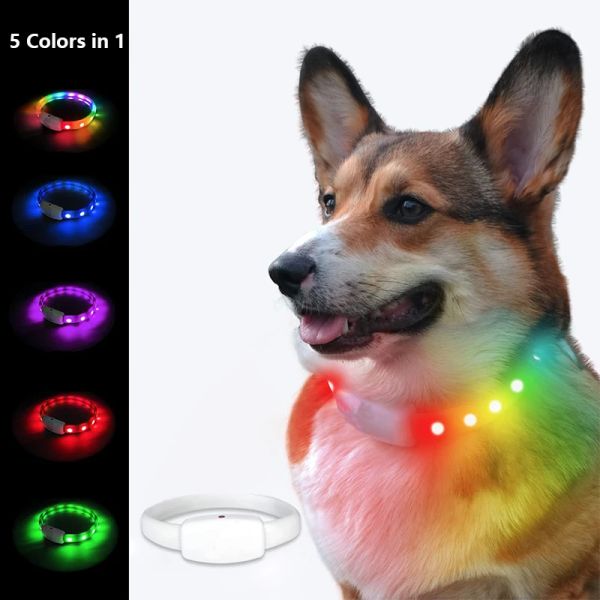 Collares 5 colores en 1 Collar de perro LED con luz USB recargable Collar de arco iris cortable para seguridad visibilidad al caminar de noche