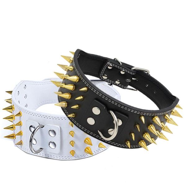 Colliers domineants en cuir PU pic collier de chien clouté à quatre rangées Gold Spike for Big Dog Pet Collar accessoires pour animaux de compagnie (couleur: noir, blanc)