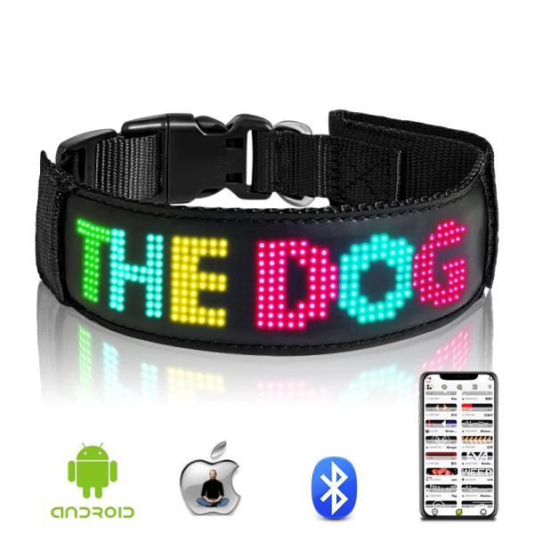 Collares que brillan en la oscuridad Collar LED de color RGB Collar de seguridad nocturna para mascotas Collar luminoso para perros Collar con pantalla LED Bluetooth recargable por USB