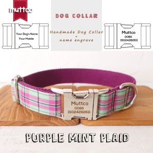Colliers MUTTCO collier de chien en métal gravé violet menthe PLAID collier d'identification de chien 5 tailles plaque signalétique anti-perte animal supplyUDC099