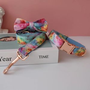 Colliers Pet Dog Cat Rainbow Printing Collar Lash Ensemble avec Bling Bow Pet Puppy Neck Strap pour Bulldog French Botty Bottom 02