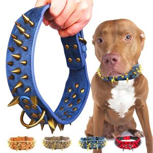 Halsbanden Spiked Studded Dog Collar met grote scherpe punten 2 inch breed Bescherm de nek van de hond tegen beten Fit Pitbull Doberman Duitse herder