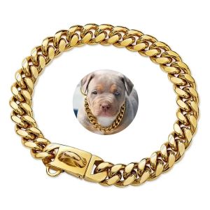 Colliers Collier de chien en acier inoxydable doré, grand collier de sécurité avec chaîne à maillons cubains de 14MM, collier d'entraînement pour la marche Doberman en titane