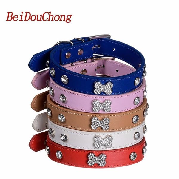Colliers en gros 5 couleurs collier de chiot pour animaux de compagnie de luxe Diamante Bling os sangle de cou en cuir PU réglable petit collier de chien