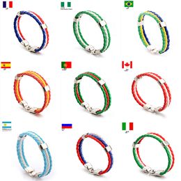 Bandera nacional coleccionable Países con estampado PU Tejido de cuero de imitación Copa del mundo Pulsera de fútbol de varios países Fanáticos Recuerdo Joyería de moda SJB