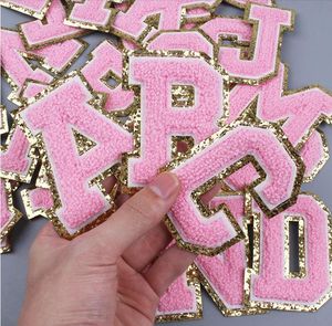Collectable Pink Letters Alphabet Sequins Towel Embroidered Chenille Patches For DIY Clothing Bags Jacket Iron On Accessories Applique letter A-Z