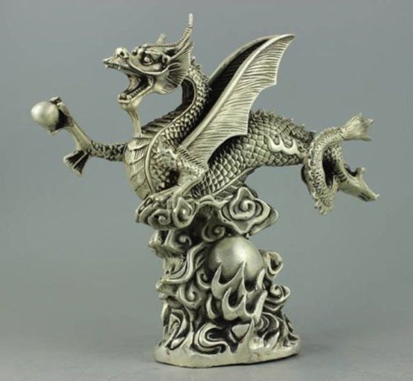 Statue de dragon en bronze argenté à collectionner TTT6