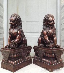 Collectible 18 China Pure Bronze Copper Deurdeur Guardian Fu Foo Dog Lion beelden Pair 235I4502855