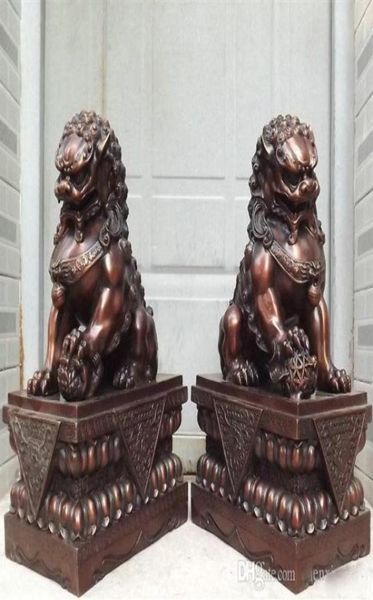 Collectible 18 Chine Pure Bronze Copper TUTELARY DOOR GUARIAN FU FOO DOG LION STATUES PAIR 235I9740754