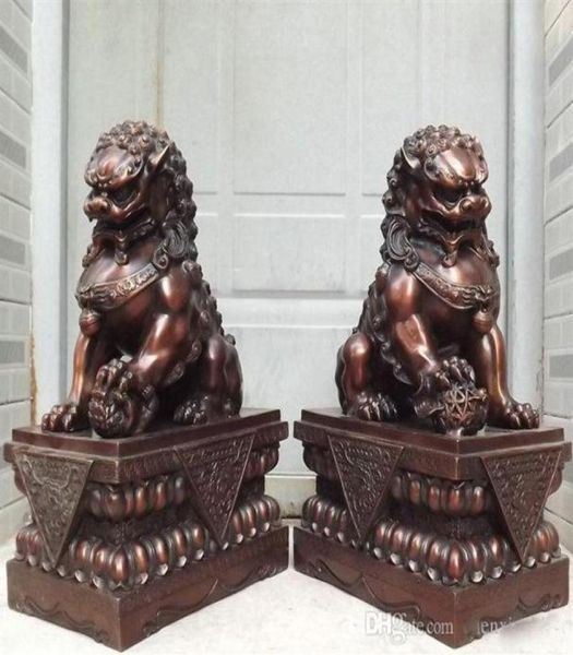 Collectible 18 China Pure Bronze Copper TUTELARY DOOR GUARIAN FU FOO DOG LION STATUES PAIR 235I4502855
