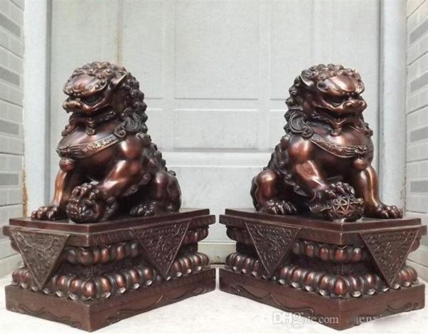 Collection 18 Chine Pur Bronze Cuivre Tutélaire Porte Gardien Fu Foo Chien Lion statues Paire 235i6535172