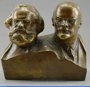 Coleccionable decorado viejo trabajo hecho a mano cobre tallado Marx y Lenin estatua estatua