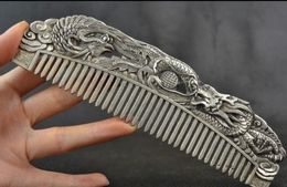 Collectible Handwork Old Miao Silver Carving Dragon Phoenix Merveilleux Peigne