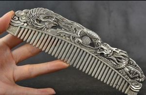 Trabajo hecho a mano coleccionable Old Miao Silver Carving Dragon Phoenix Maravilloso peine