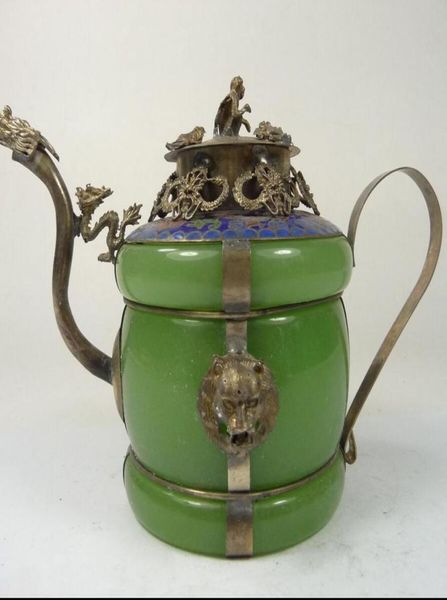 Collectible Old China Handwork Superb Jade Teapot Armored Dragon Lion Monkey Lid9930411