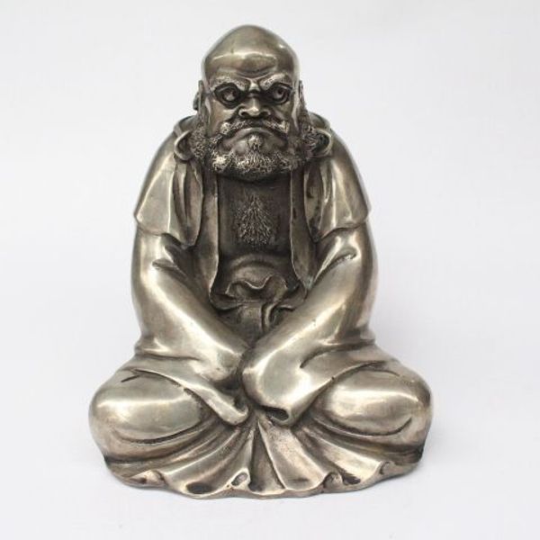 Statue de bouddha Bodhidharma en cuivre sculpté, vieux travail manuel de collection, plaque d'argent