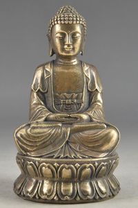 Collectie Hand-Hammered Zes Amulet Buddha Messing Standbeeld