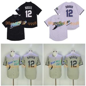 College Baseball Wears 1999 Tampa Bay Devil Jersey # 12 Wade Boggs VINTAGE Baseball Jerseys Pullover Mesh BP Noir Blanc Gris Jersey Top Qualité 1