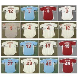 College Baseball draagt ​​Vintage 1 Richie Ashburn 3 Harper 4 Dykstra 12 Morandini 19 Greg Luzinski 27 Aaron Nola 29 John Kruk 45 Tug McGraw White Blue Red Retro